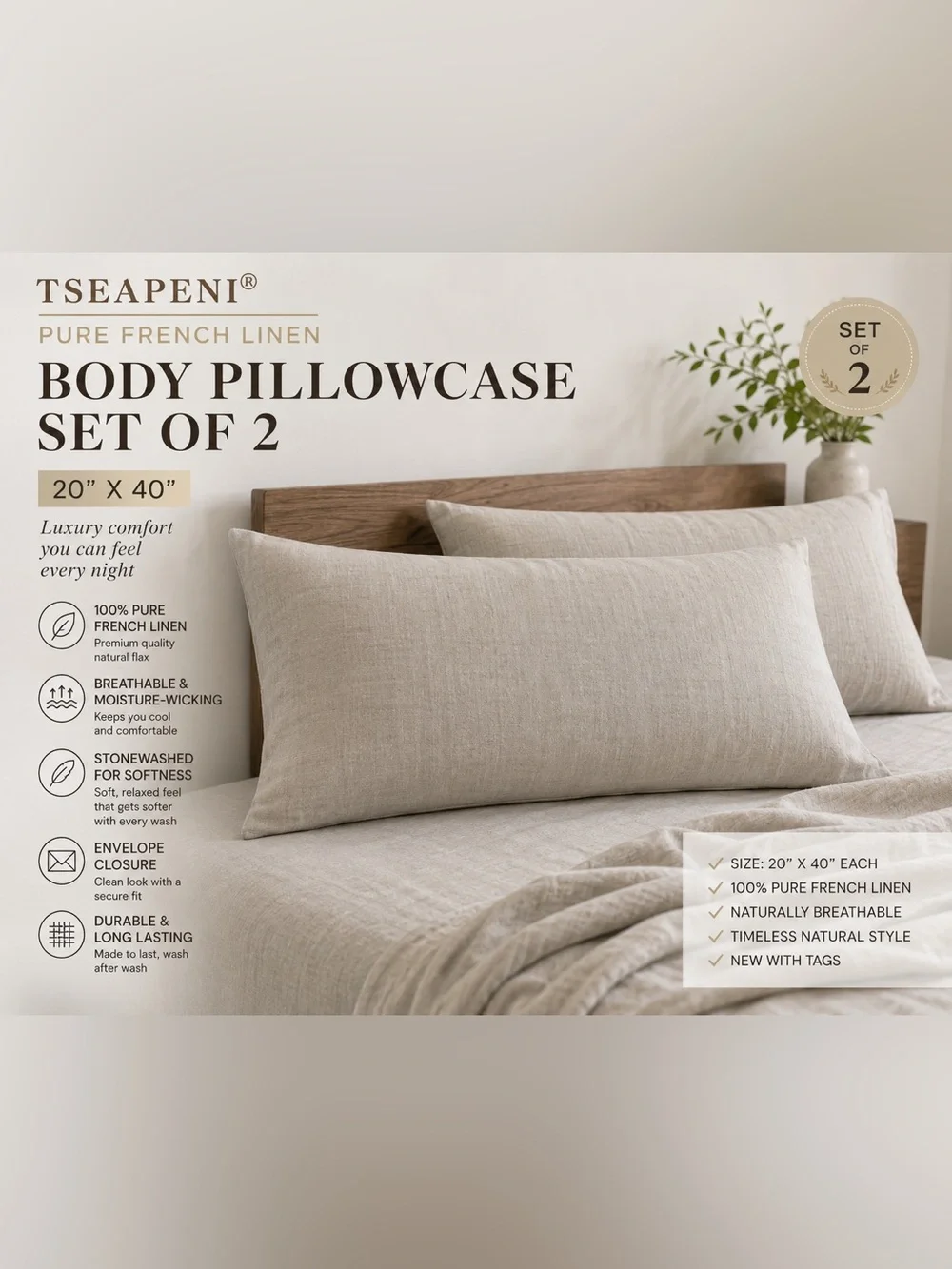 TSEAPENI Pure French Linen Body Pillowcase Set of 2 20x40 Stonewashed Natural Fl